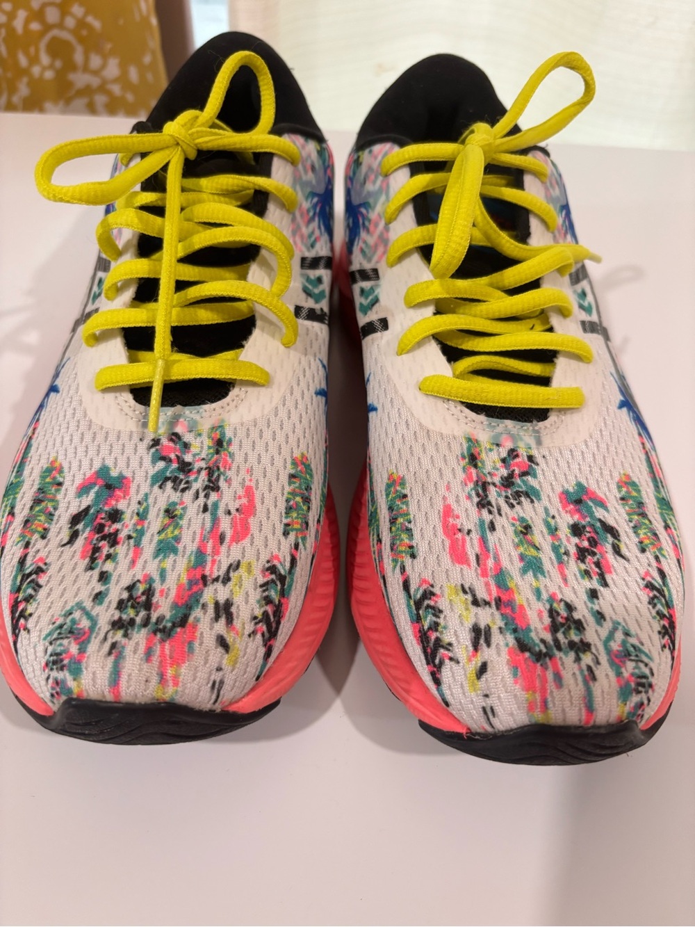 ASICS Woman White Multicolor Knit Sneakers with Neon Yellow Laces - Picture 3 of 9